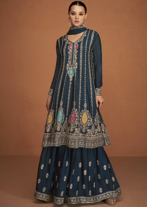 Teal Embroidered Gharara Style Suit