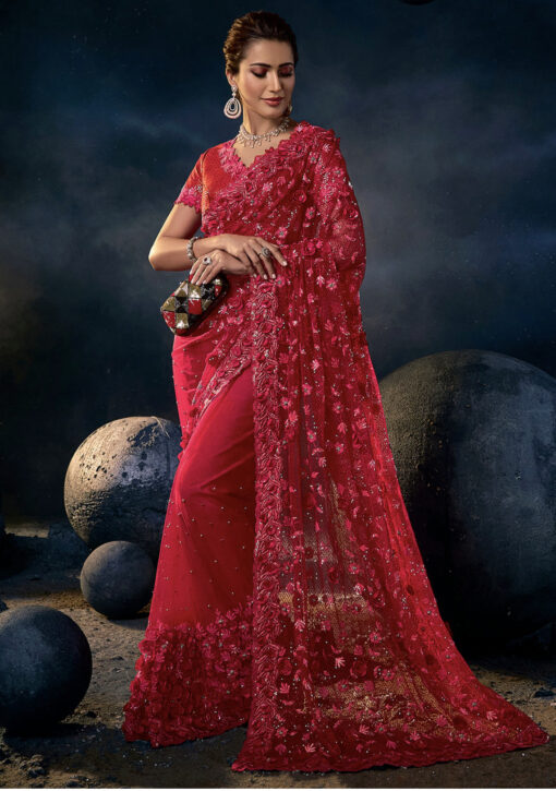 Red Digital Net Bridal Saree