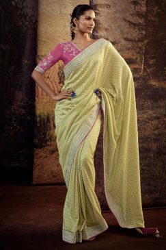 Yellow Fancy Fabric Embroidered Wedding Saree