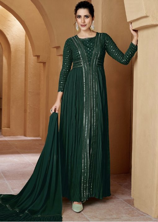 Green Front Slit Georgette Pant Suit