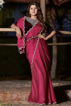 Pink Satin Silk Chiffon Party Wear Saree