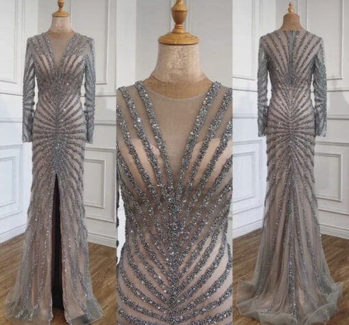 Gorgeous Long-Sleeve Split Mermaid Evening Gowns With Beads main image 1
