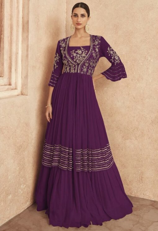 Wine Embroidered Jacket Style Anarkali Gown