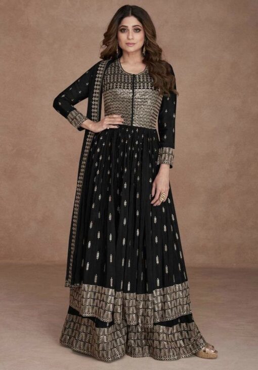 Black Embroidered Anarkali Style Palazzo Suit