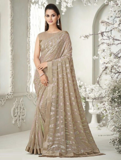 Beige Fancy Saree With Fringe Detail