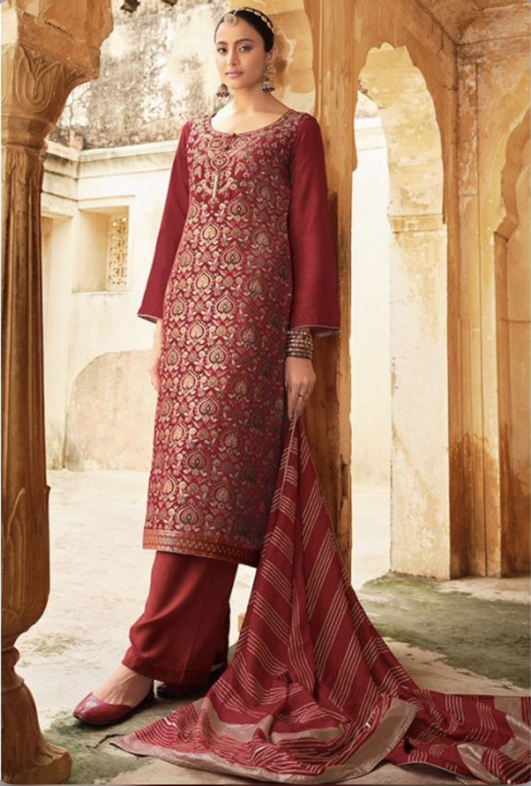 Maroon Jacquard Silk Embroidered Pant Suit Salwar Kameez Designer