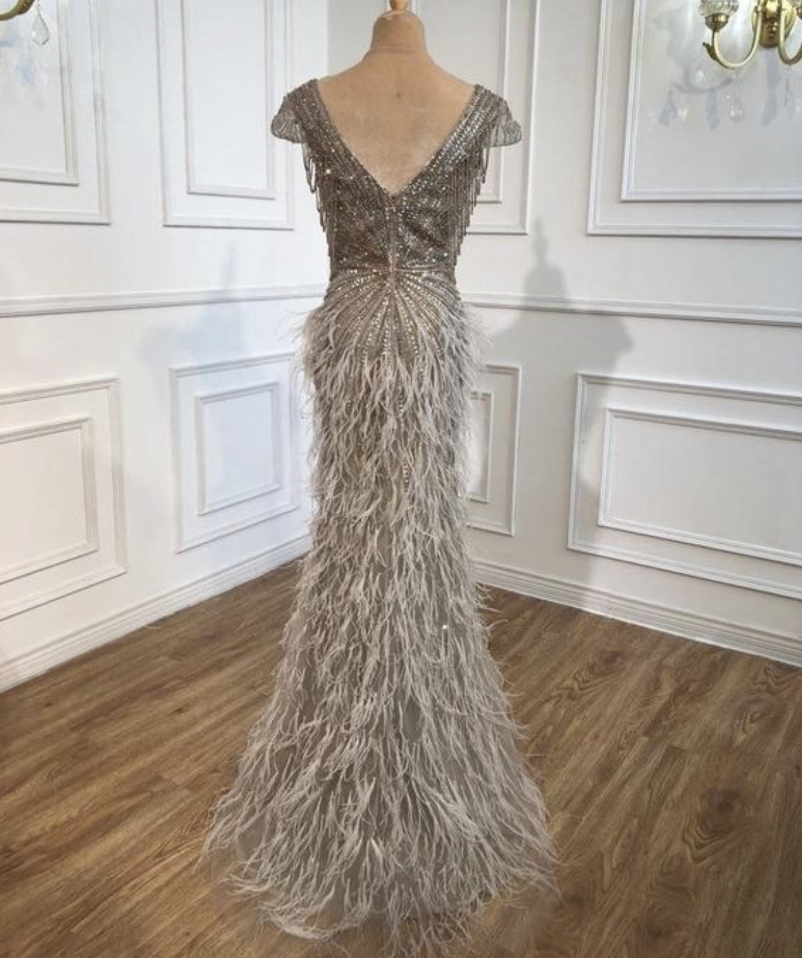 Feathered Plunge Neck Evening Dress Evening Dresses Made To Order Designer Collection