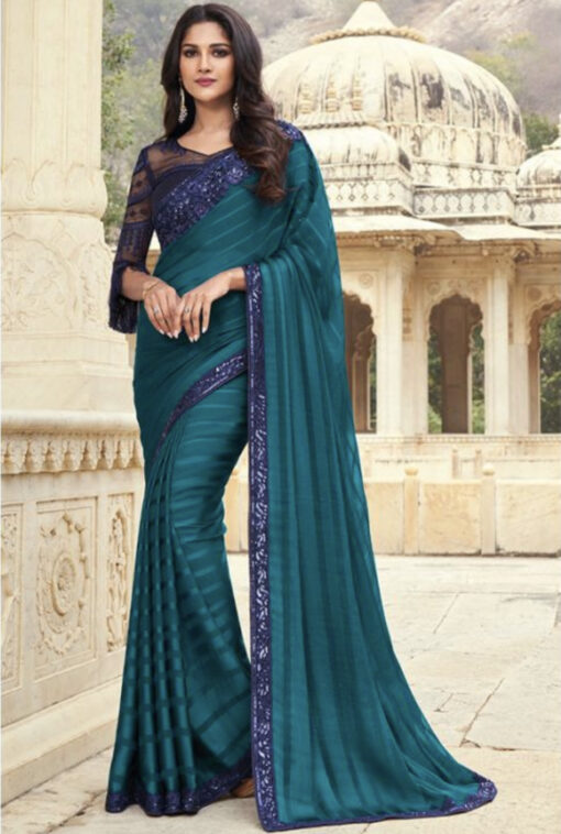 Teal Fancy Silk Saree With Designer Blouse