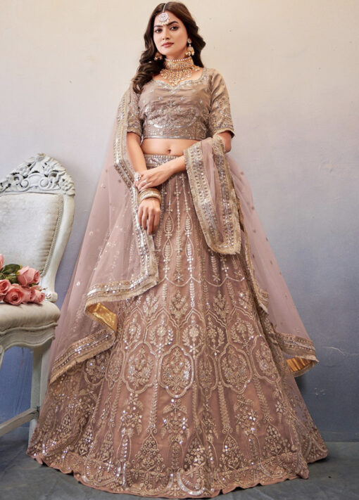 Beige Embroidered Net Lehenga Choli