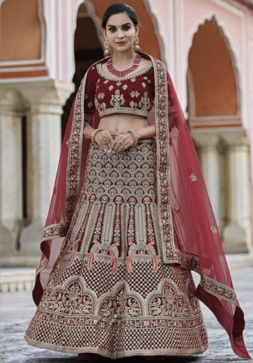 Maroon Velvet Bridal Lehenga Choli