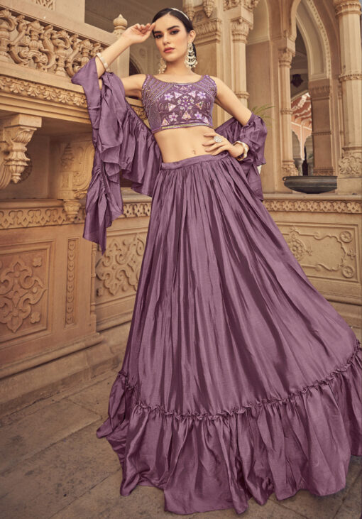 Purple Chinon Silk Ruffled Lehenga Choli