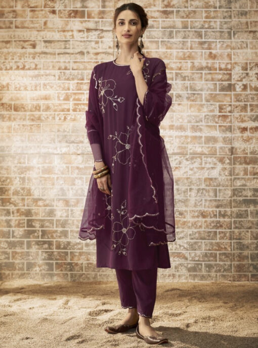 Plum Heavy Georgette Handwork Salwar Suit