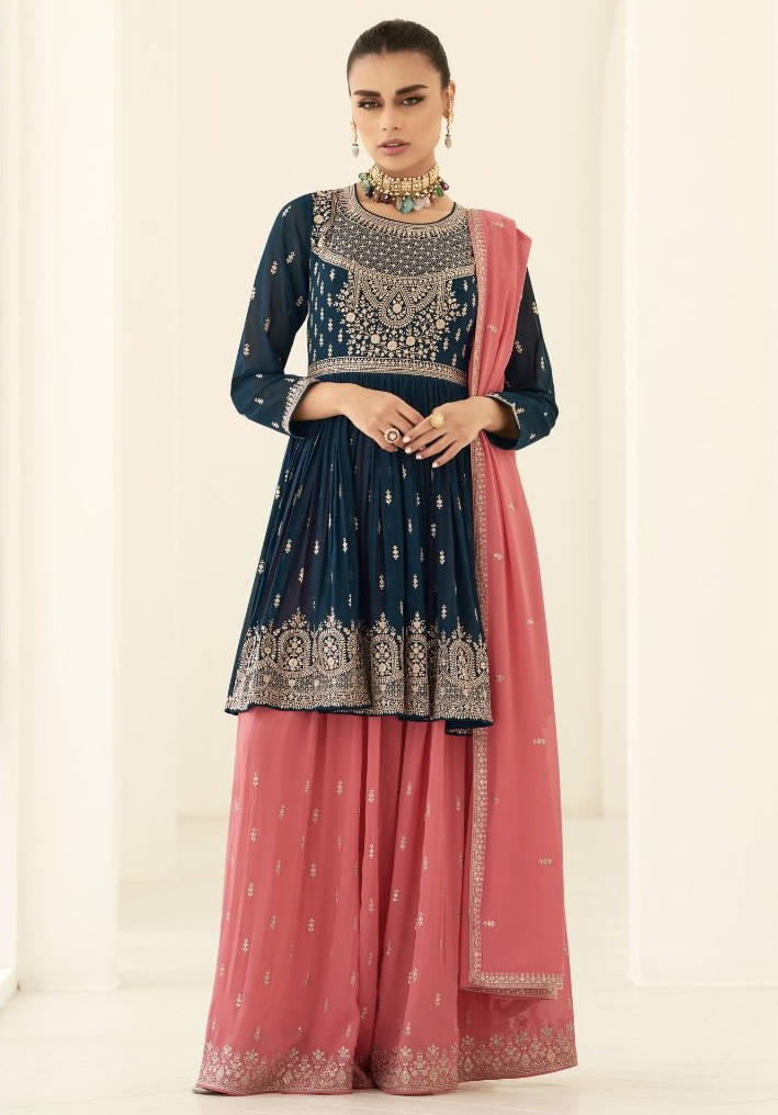 Navy & Peach Frock Style Palazzo Suit - Salwar Kameez Designer Collection