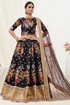 Black Floral Print Banglori Lehenga Choli