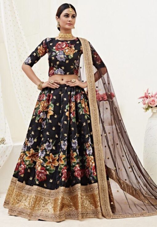 Black Floral Print Banglori Lehenga Choli