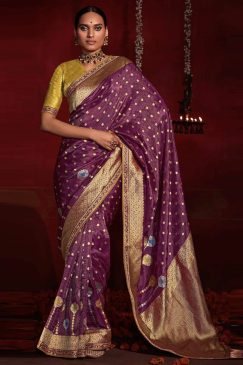 Purple Banarasi Silk Embroidered Wedding Saree