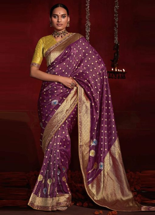 Purple Banarasi Silk Embroidered Wedding Saree