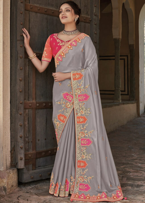 Grey Silk Wedding Party Wear Saree
