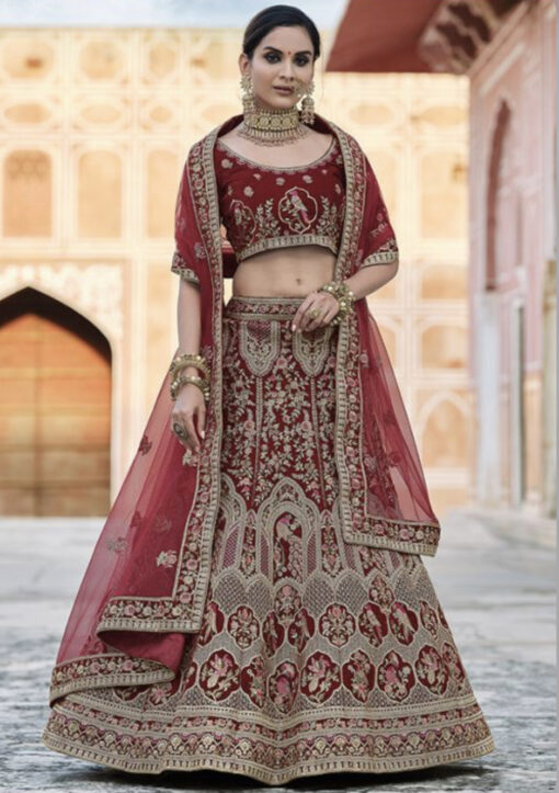 Maroon Velvet Bridal Lehenga Choli