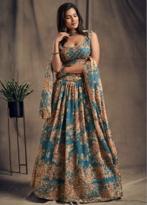 Teal Blue Organza Sangeet Lehenga Choli