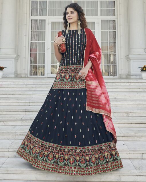 Navy Blue Chiffon Long Choli Lehenga Suit
