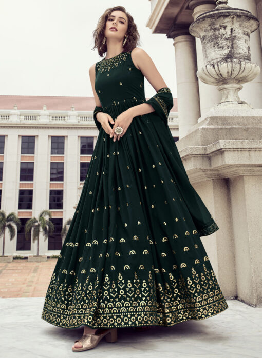 Dark Green Embroidered Floor Length Anarkali Gown