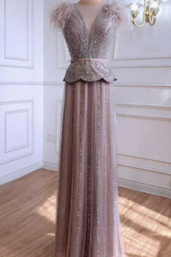 Pink Beaded Feather Sleeve Evening Gown
