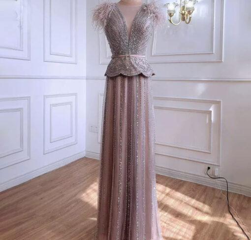 Pink Beaded Feather Sleeve Evening Gown
