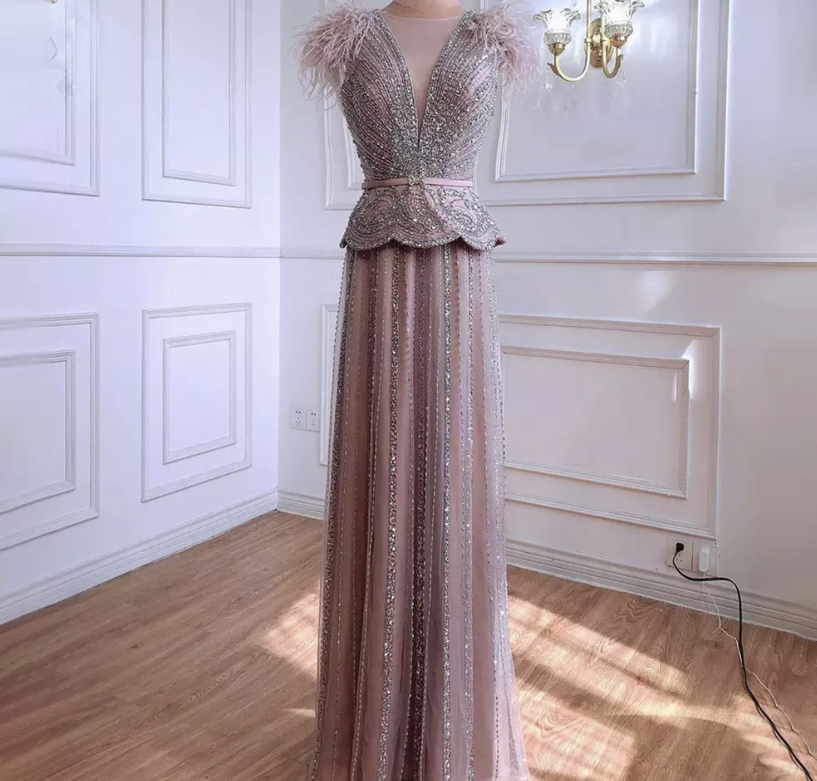 Pink Beaded Feather Sleeve Evening Gown - Evening Dresses, Made To ...