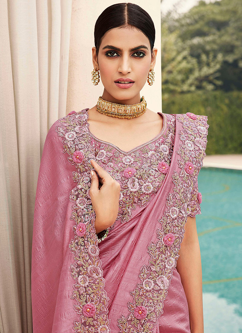 Pink Satin Georgette Wedding Saree - Sarees Designer Collection