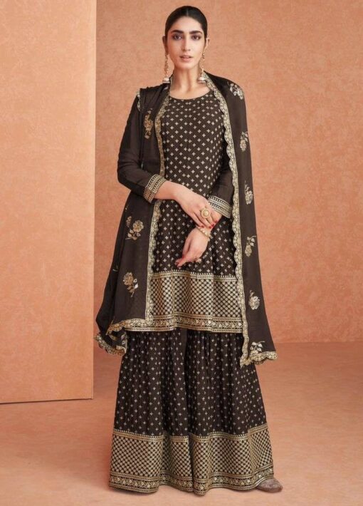 Brown Faux Georgette Sharara Suit