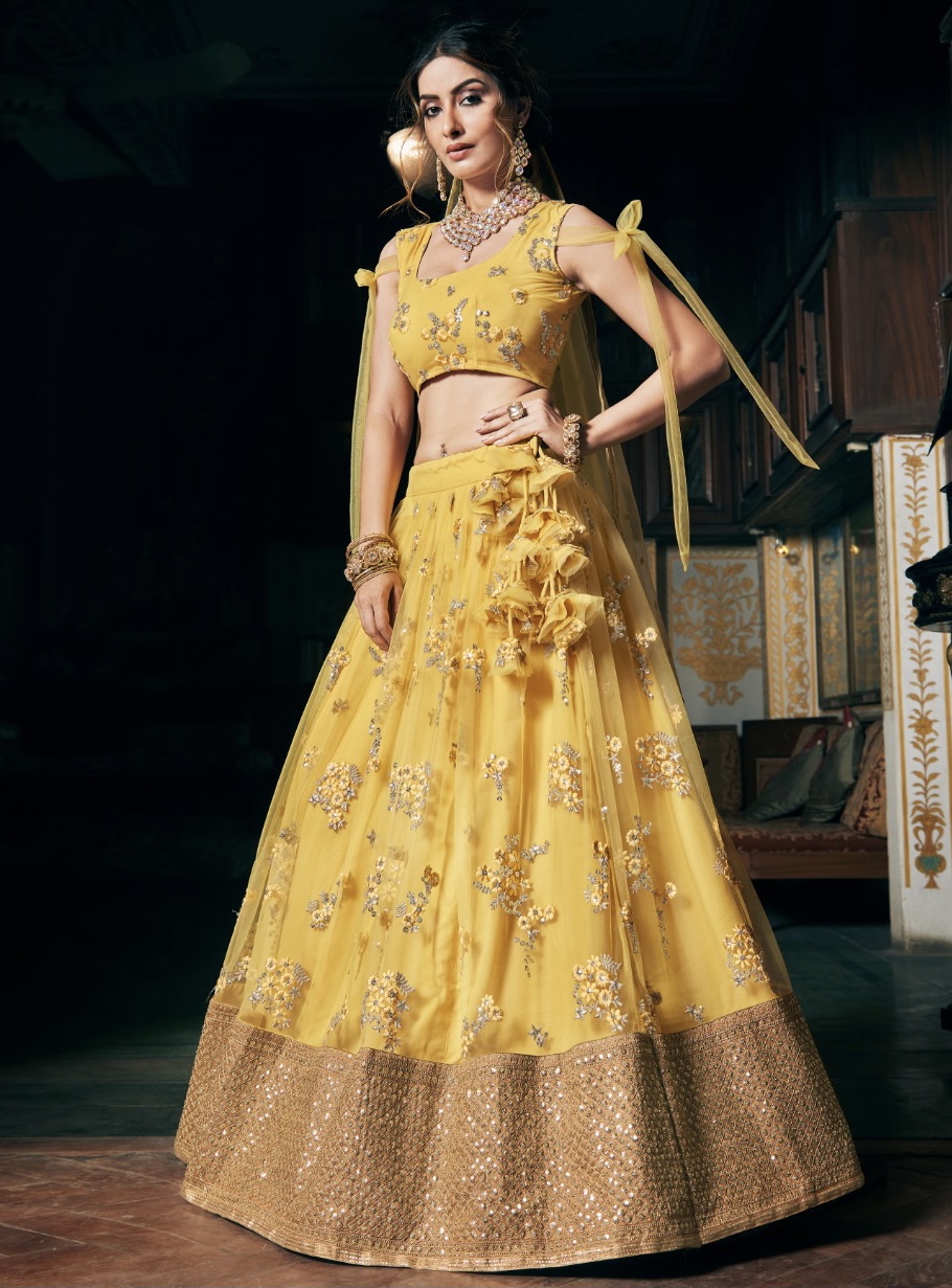 Lemon Yellow Sequinned Net Lehenga Choli - Lehengas Designer Collection