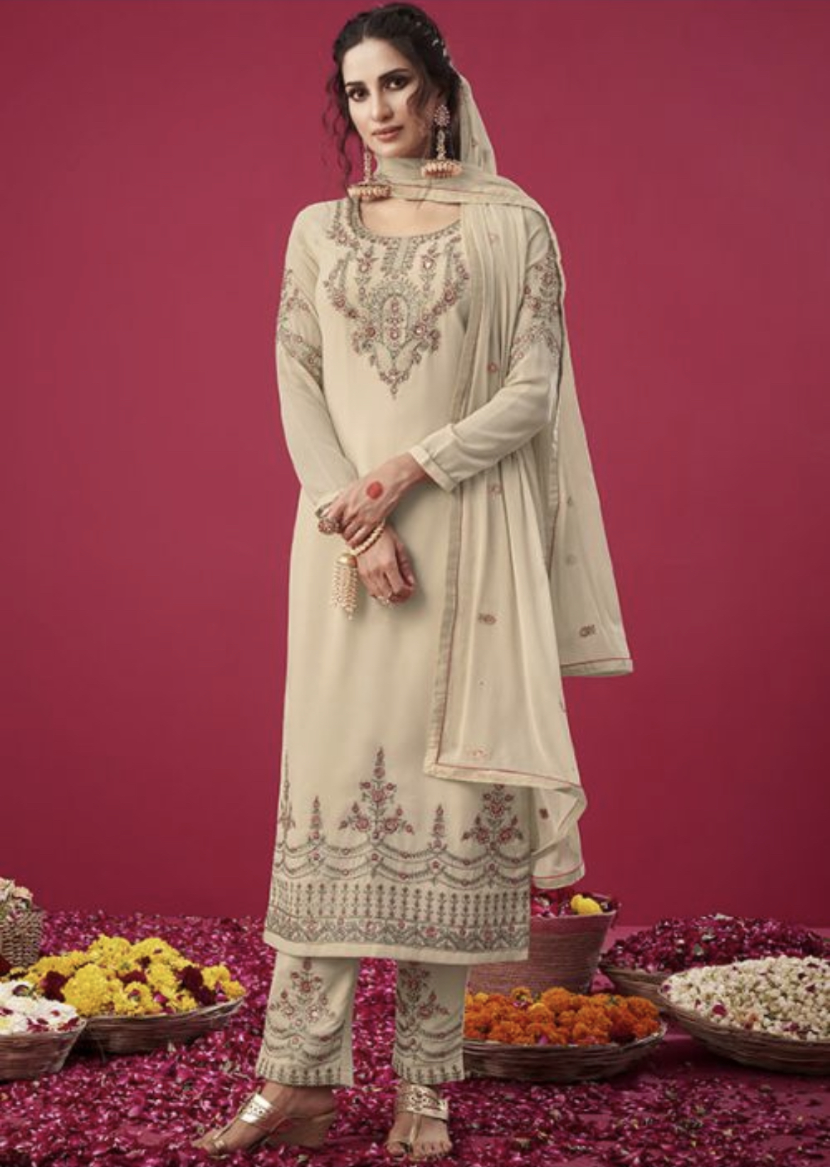 Off White Straight Cut Pant Suit Salwar Kameez Designer