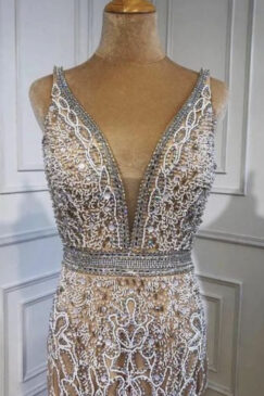 Alternative view of Heavily Beaded Feathered Plunge Neck Evening Dress