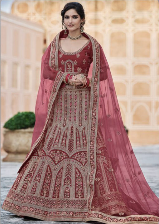 Maroon Velvet Bridal Lehenga Choli