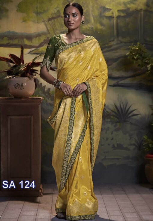 Yellow Dola Silk Embroidered Wedding Saree