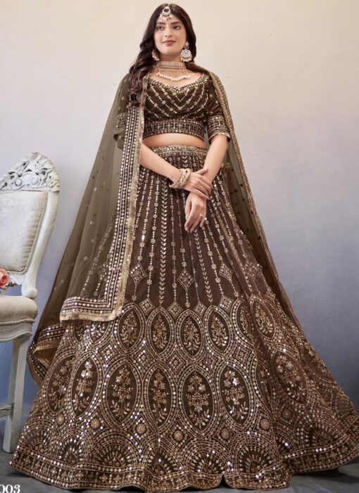 Brown Embroidered Net Lehenga Choli