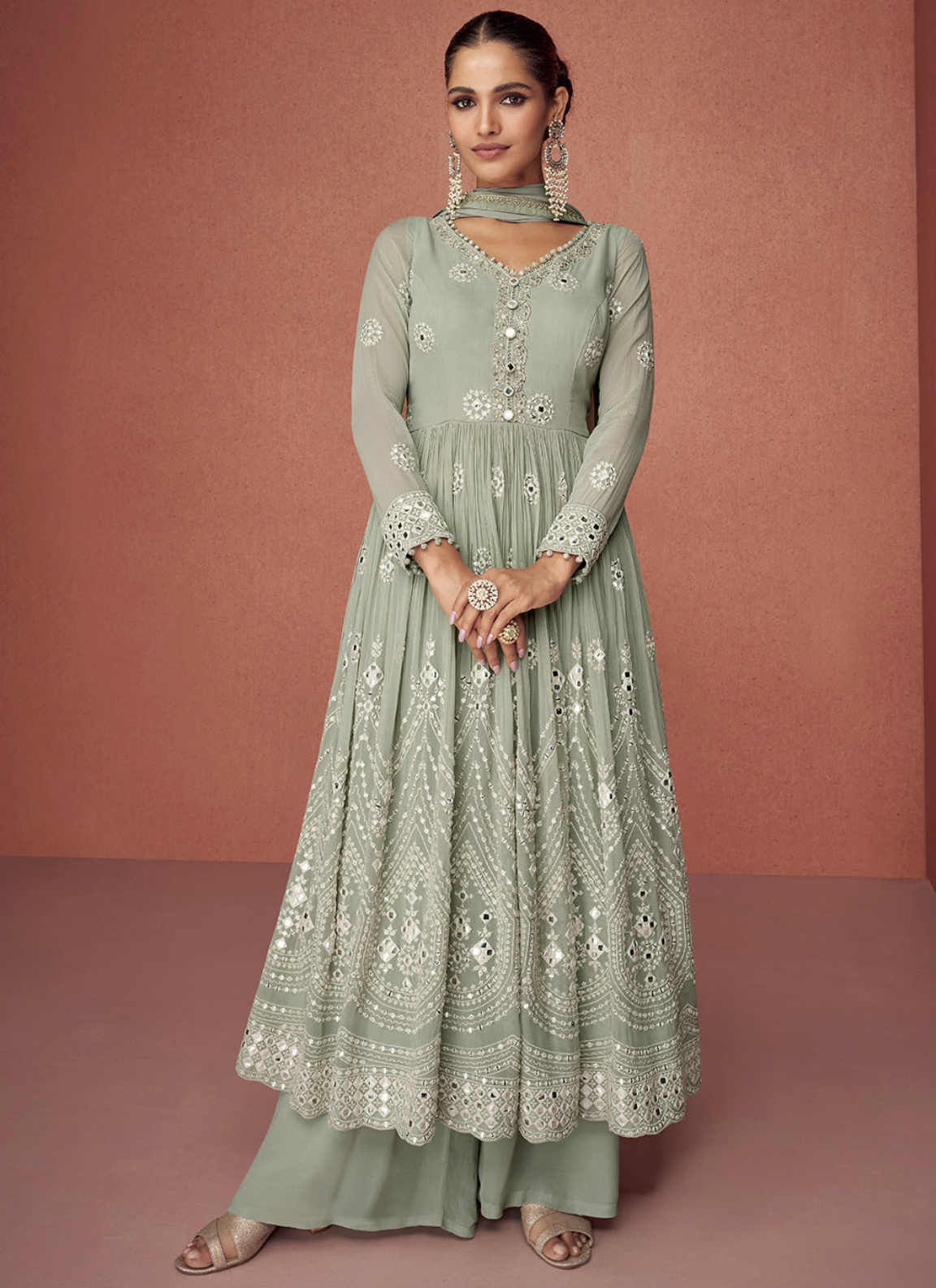Mint Green Anarkali Style Gharara Suit Salwar Kameez Designer Collection