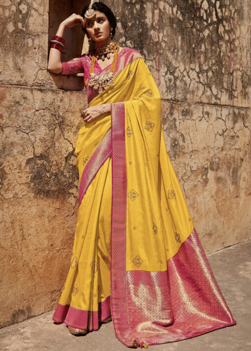 Yellow Silk Embroidered Saree