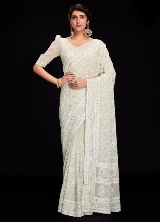 Ivory Georgette Party Saree