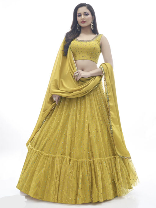 Mustard Net Sangeet Lehenga Choli