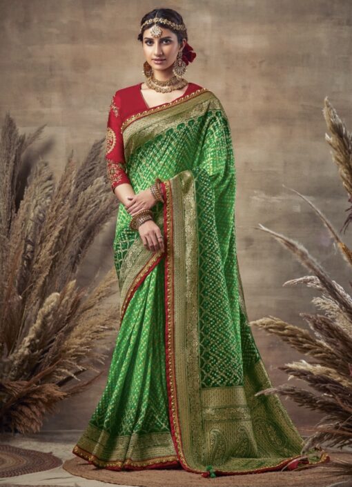 Green Silk Swarovski Pallu Bandhani Saree