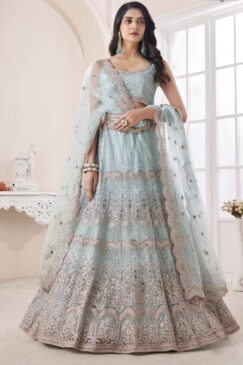 Turquoise Net Embroidered Lehenga Choli