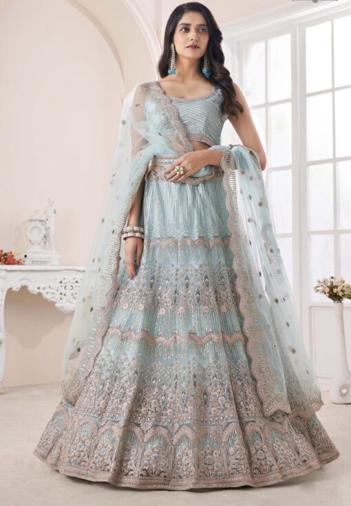 Turquoise Net Embroidered Lehenga Choli