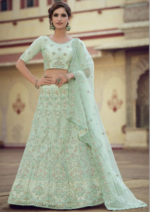 Green Net Party Wear Lehenga Choli