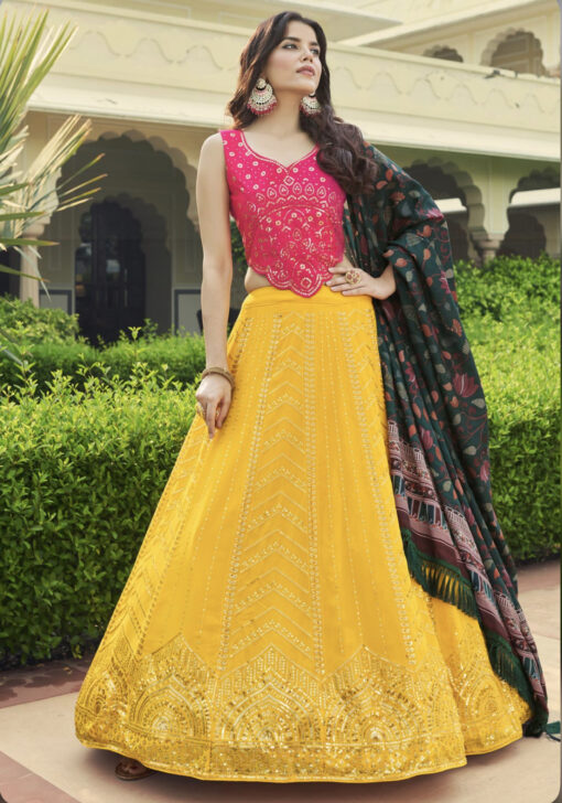 Yellow And Pink Georgette Lehenga Choli