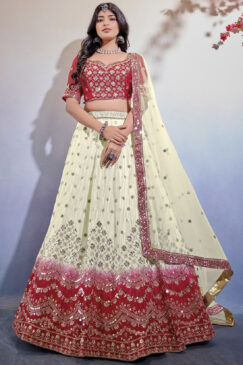 Shaded Red & White Embroidered Lehenga Choli
