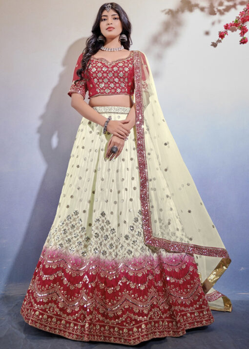 Shaded Red & White Embroidered Lehenga Choli