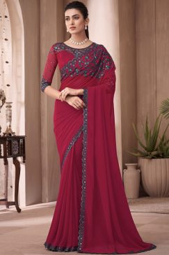 Red Embroidered Border Party Wear Saree