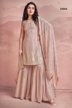 Peach Georgette Embroidered Sharara Suit